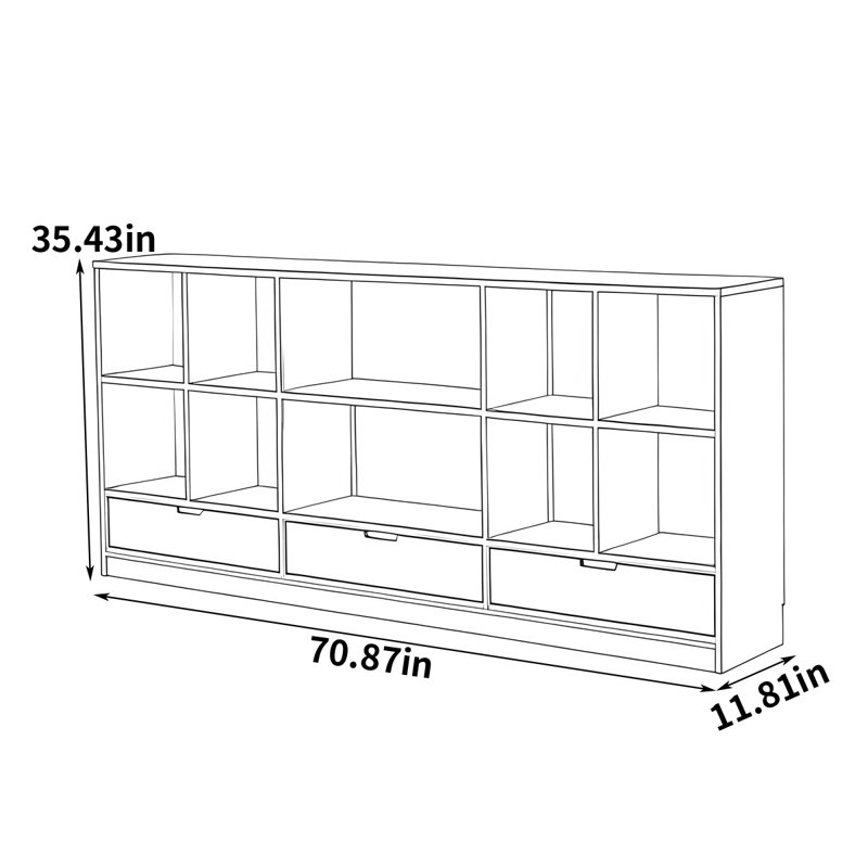 Wooden Display Cabinet with Open Shelves and Bottom Drawers, 70.87 Inches Long, Multifunctional Side Cabinet