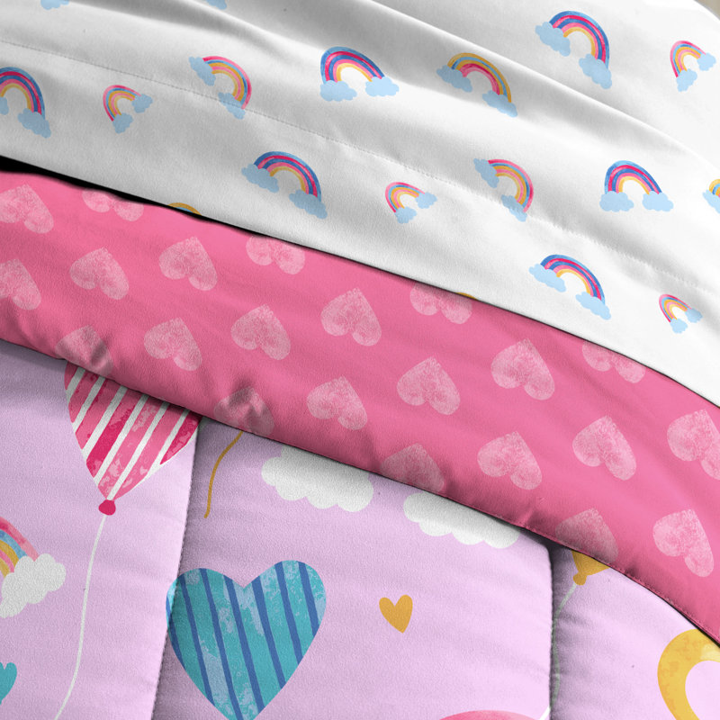 Lit dans un sac lilas Balloon Hearts, Édredon double et 4 pièces supplémentaires