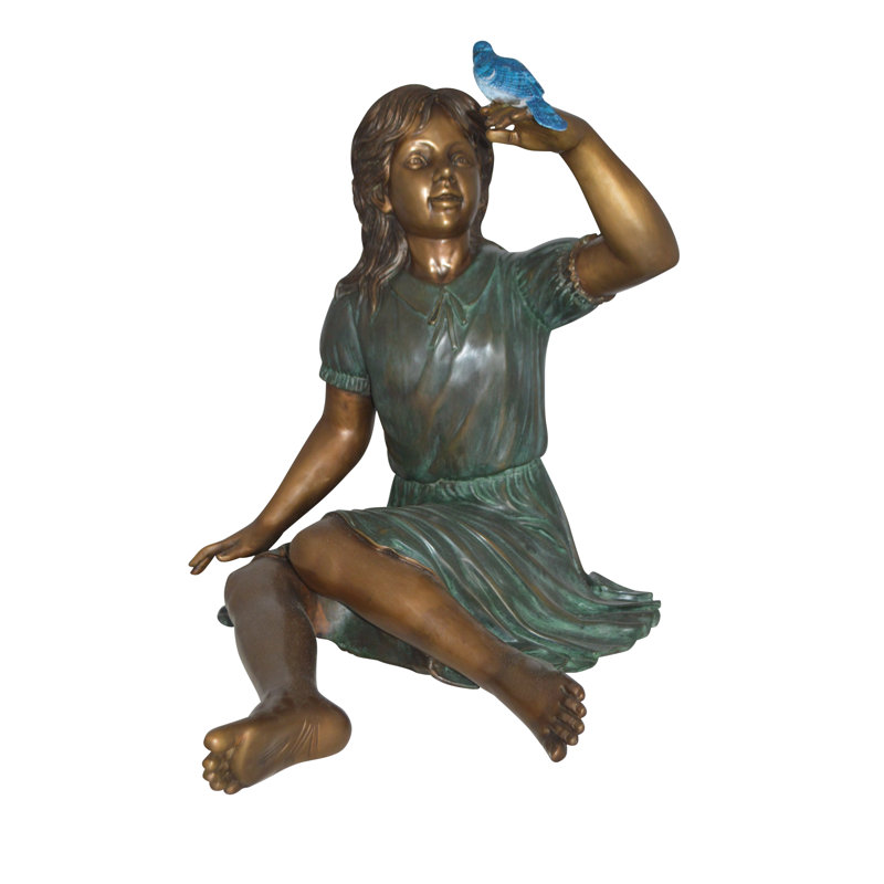 Statue en bronze Jellison Girl avec un moineau bleu - Taille: L 26 po x l 31 po x H 25 po.