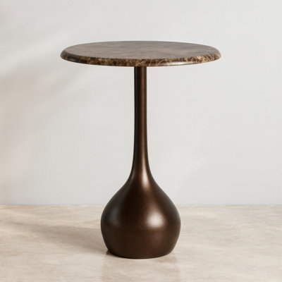 Modern Round Marble Top Accent Table for Bedroom - Sleek Small Side Table with Sculptural Ball Base for Living Room, Narrow End Table Design - 21", Brown