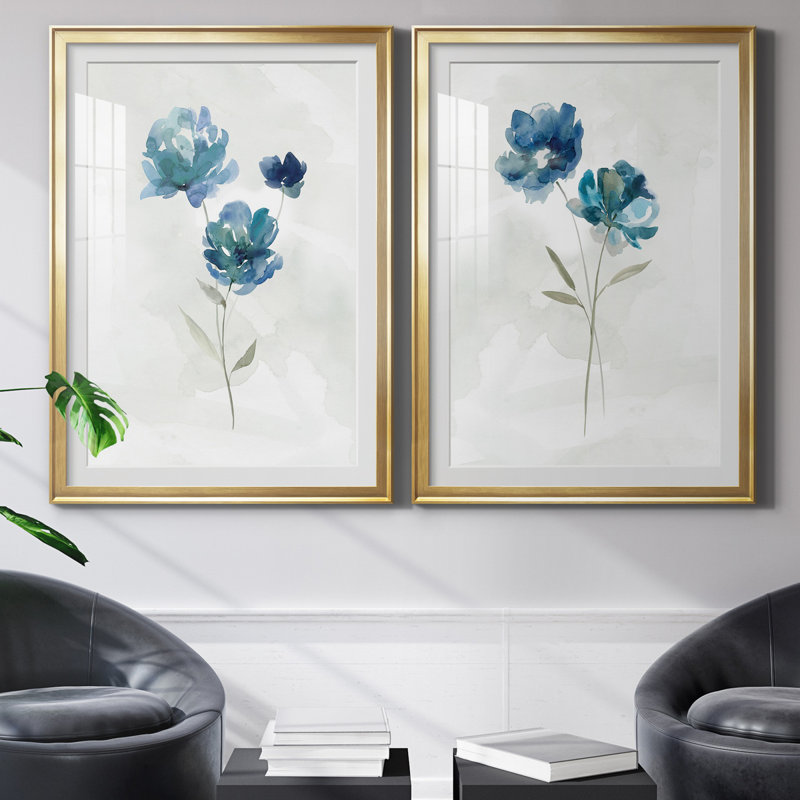 «Blue Botanical I», ensemble de 2 reproductions d'art, Blanc, Papier encadré doré, H 26,5 po x l 73 po x P 1,5 po