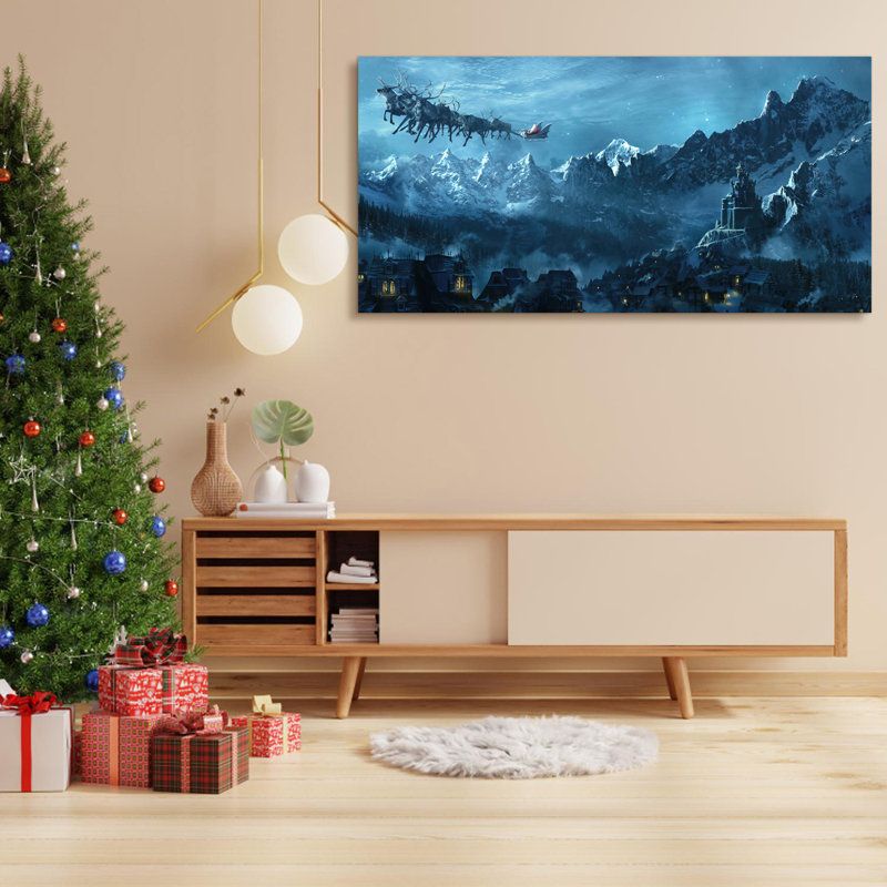 Toile encadrée, décoration de Noël, père Noël au-dessus du village, décoration pour cadeau de Noël, bureau, salle à manger, salon, salle de bain, chambre à coucher, prêt à accrocher, encadré sur toile