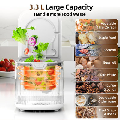 Composteur de cuisine intelligent Smart 2,5L (Max 3,3L) avec auto-nettoyage automatique, fonctionnement inodore et ultra-silencieux, affichage à DEL - Transformez les déchets alimentaires en engrais pour le recyclage des aliments à la maison