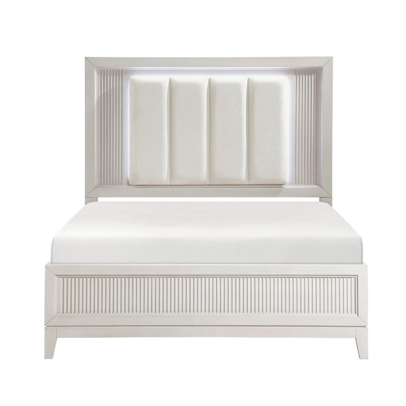 Grand lit antique blanc avec tête de lit et coussin à DEL, lit de chambre à coucher de style moderne, ensemble de revêtement