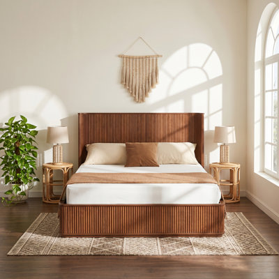 Queen Size Fluted Bed Frame, Reinforced Wooden Slats, Heavy Duty, No Box Spring Required