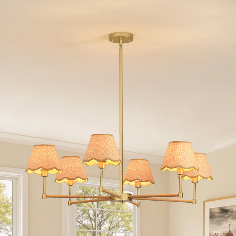 Lustre à intensité variable Boho Aarzo à 6 lumières avec abat-jour en rotin, hauteur réglable, pour la salle à manger et le salon