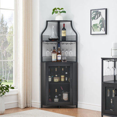 Armoire à vin de coin avec DEL, armoire de bar à 5 niveaux, porte de grange, porte-verre, support amovible, noir