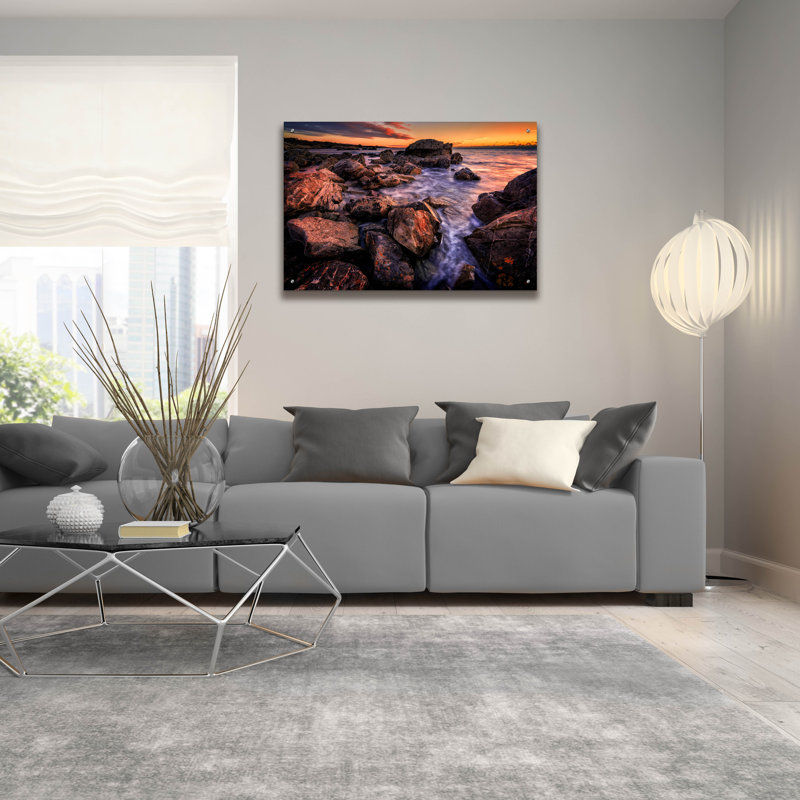 Art mural en verre Highland Dunes «Dawn In Biddeford Pool Iii» par Rick Berk, H 24 po x l 36 po x P 0,2 po