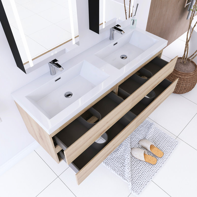 Meuble-lavabo double 59,05 po avec plateau en résine Macmaster, Naturel