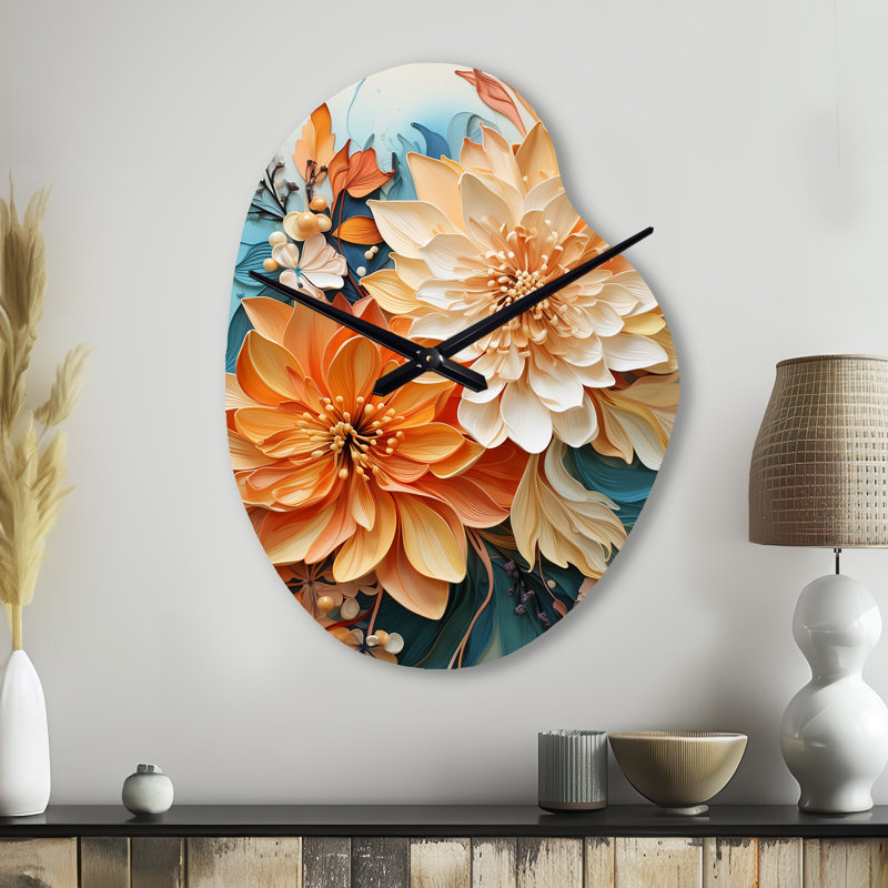 Horloge murale orange, bleu sarcelle, tourbillon botanique I - Botanicals, Grand