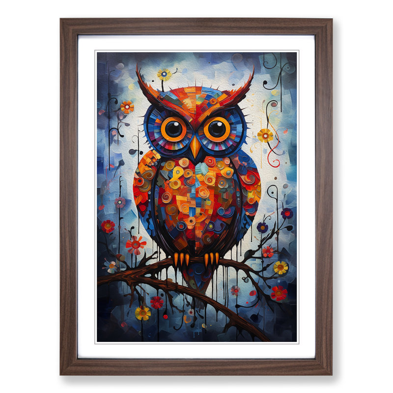 Owl Contemporary - Single Picture Frame Print on Wood, 64cm H x 46cm W x 2cm D, Walnut