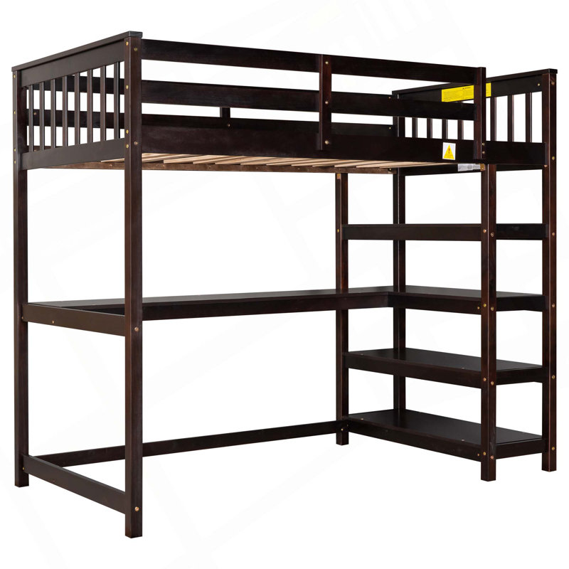 Lit mezzanine avec tablettes de rangement et bureau sous le lit, Lit simple, Espresso