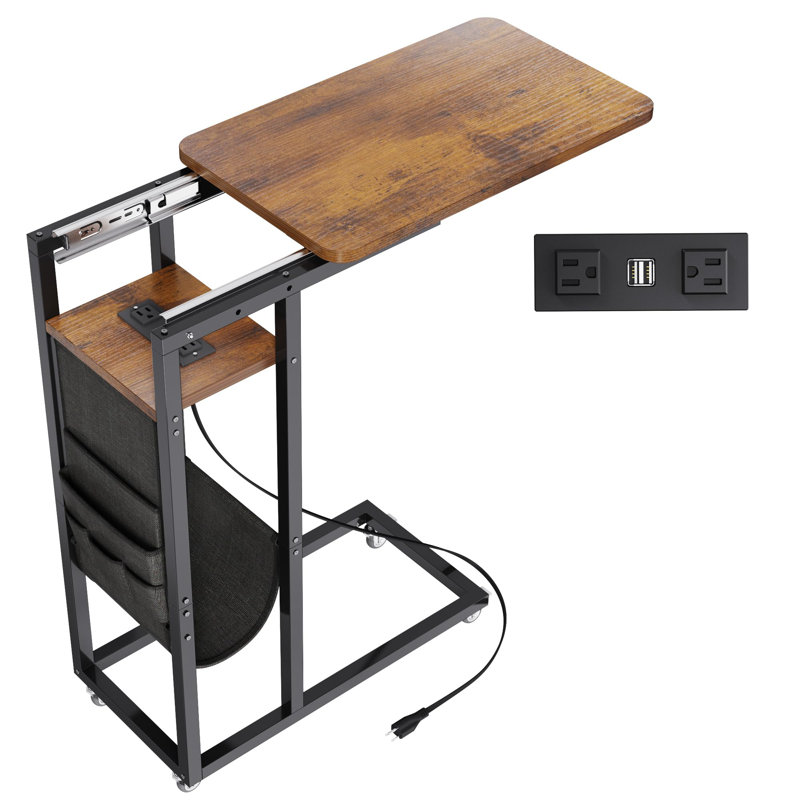 Table de bout en forme de C avec multiprise, cordon de rangement et de rembobinage, brun rustique moderne, compact pour les petits espaces, structure en bois d'ingénierie et en acier allié, multifonctionnel