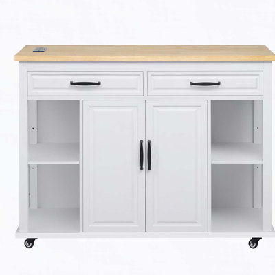 47 inch Kitchen Island with Extendable Dining Table, Rubber Wood Veneer Kitchen Table with Internal Storage Rack, Power Outlet, Kitchen island with Storage 2 Drawers 2 Cabinet,White