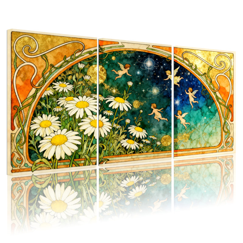 Fantaisie et science-fiction, chérubins floraux, ciel nocturne, ensemble de 3 impressions sur toile, H 18 po x l 36 po