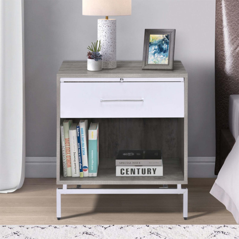 Table d'appoint en chêne gris et blanc patiné avec tiroir, compartiment ouvert et plateau coulissant pour un rangement élégant