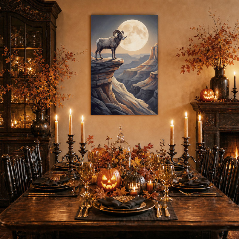 «Bighorn Ram On Rocky Cliff With Full Moon», art mural sur toile, H 30 po x l 20 po