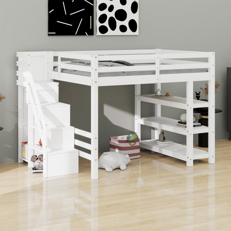 Loft Bed With Shelves, Storage Staircase, Small Wardrobe And LED Light, Full