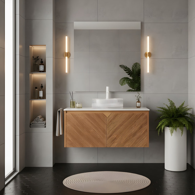 Meuble-lavabo à tiroir avec poignées et capteur de lumière, Clair, Chêne brun, 36"