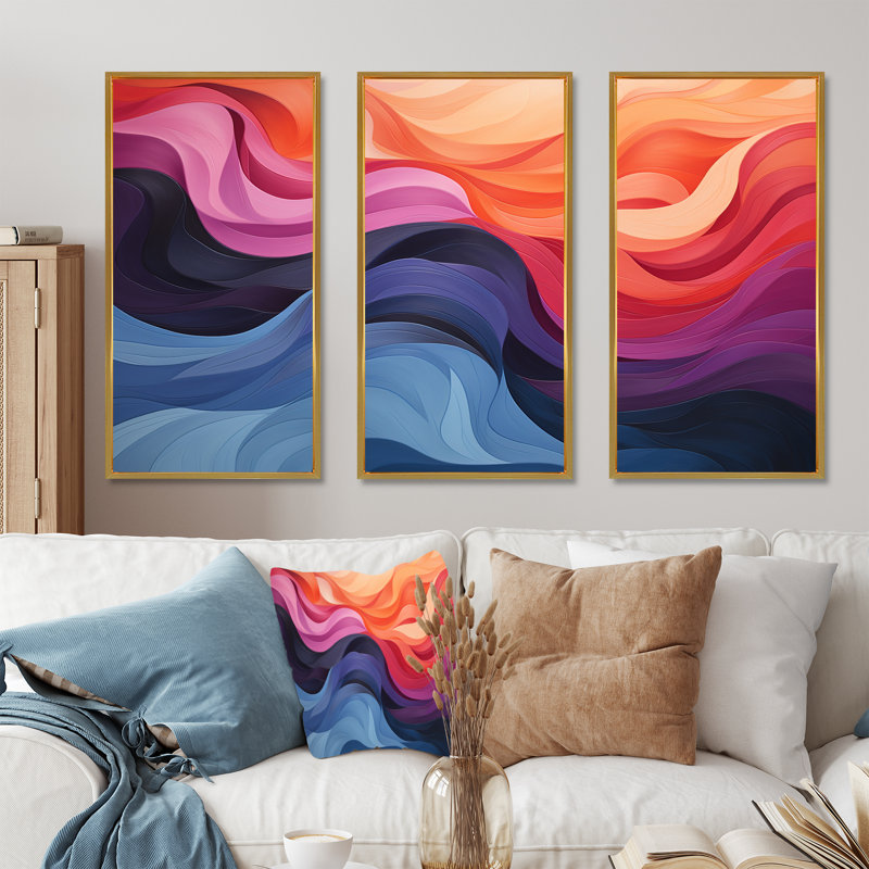 «Colorful Ripple Harmony Elegance II», reproduction d'art murale abstraite, Cadre flottant doré, H 40 po x l 61 po x P 1 po