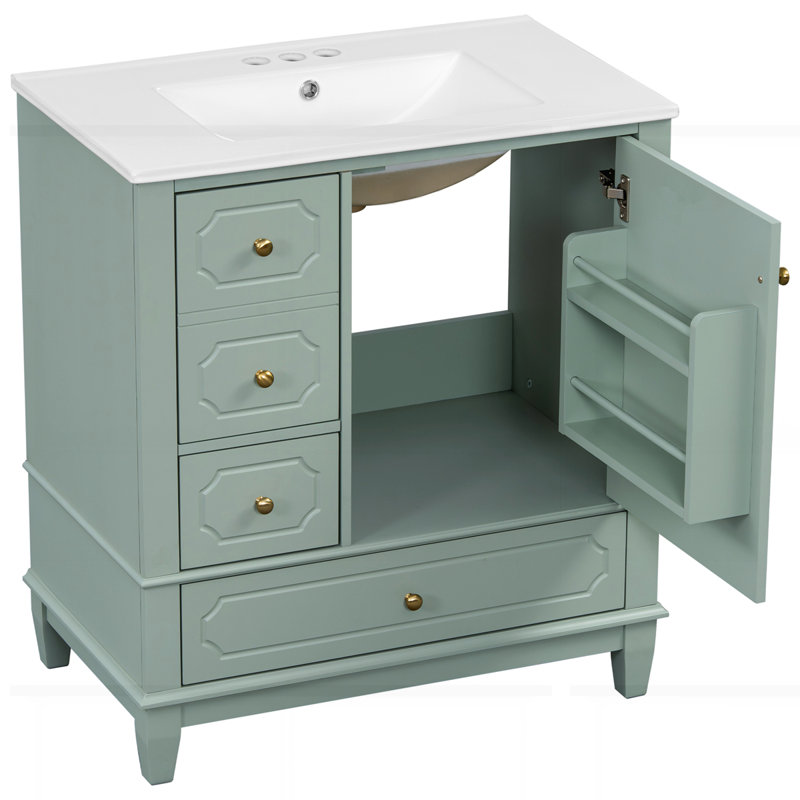 Freestanding vanity cabinet with ceramic basin, Vert clair