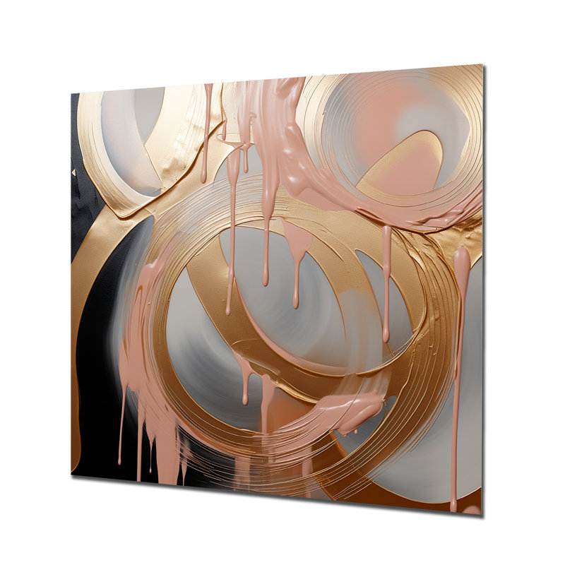 Abstract Gold And Pink Liquid Ink Circles IV - Abstract Shapes Metal Wall Art, 16" H x 16" W