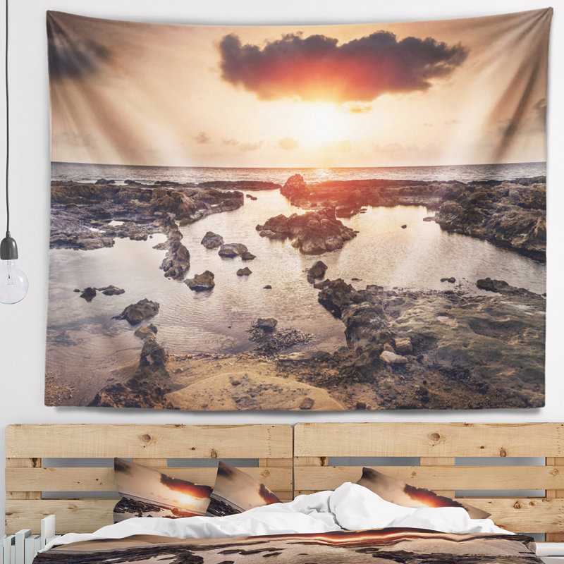 Plage, côte rocheuse, coucher de soleil, tapisserie, Afrique, H 32 po x l 39 po