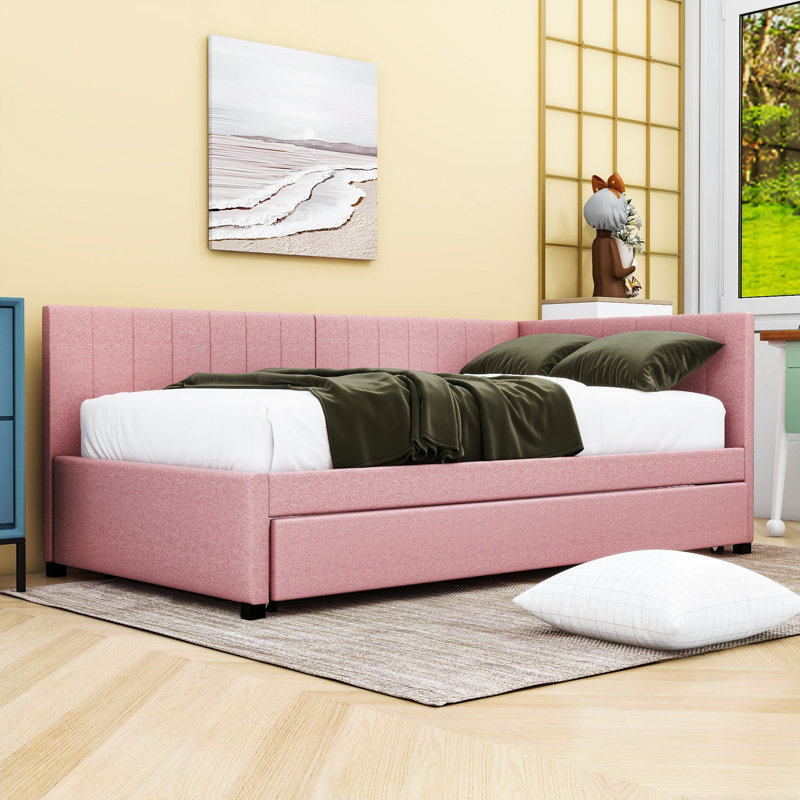 Modern Upholstered Daybed with Twin Trundle, Twin, Pink