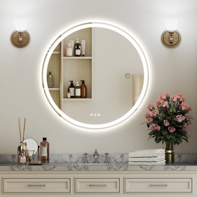 Round LED Bathroom Vanity Mirror with Front & Back Light, Anti-Fog, Dimmable, 3 Color Temperatures, Plug-in/Hardwired, Frameless Silver Mirror (32")