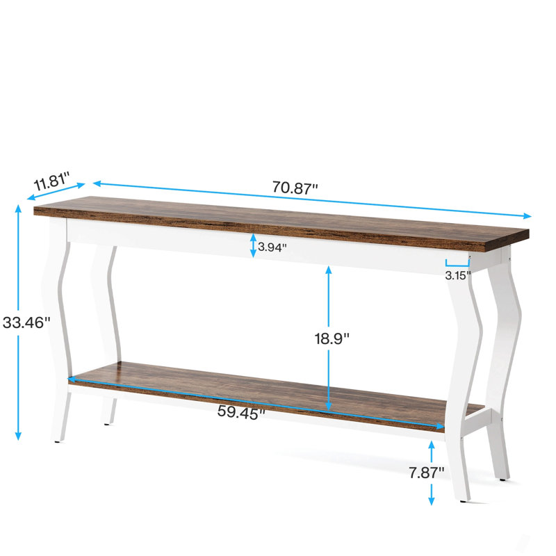 Console rétro française de 70,9 po - très longue table de canapé derrière le canapé avec 3 tablettes, rangement blanc et brun pour les grands canapés modulaires, le couloir et le salon