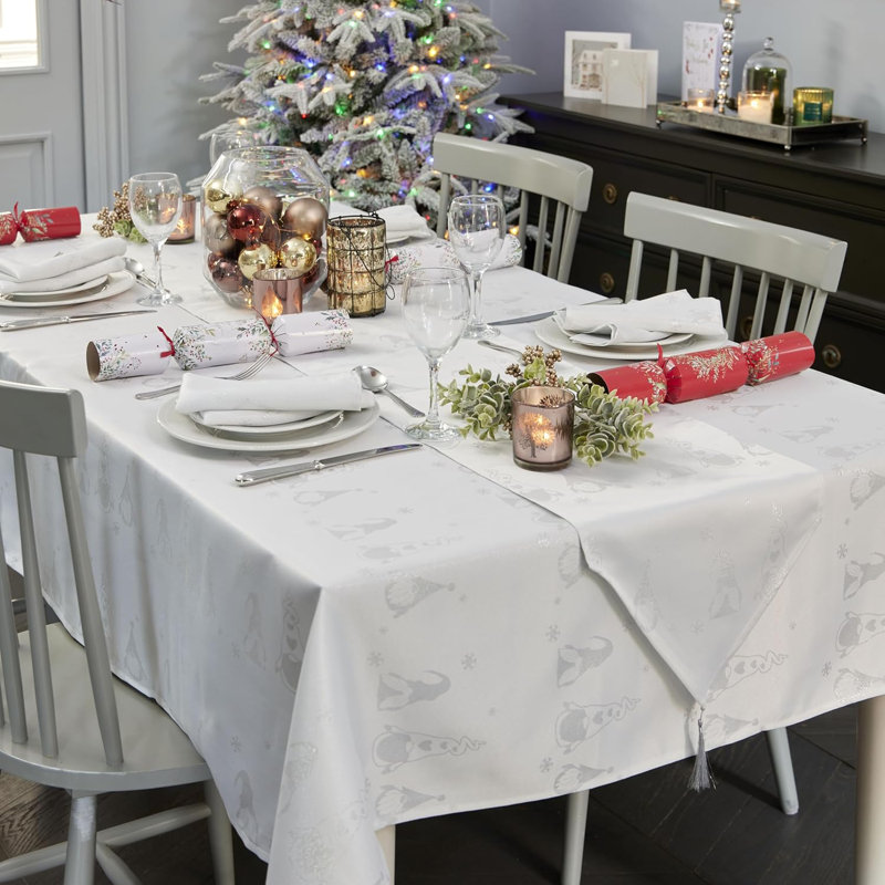 Christmas Tablecloth Metallic Gonk Theme Embossed Design, 132cm W x 178cm L, White