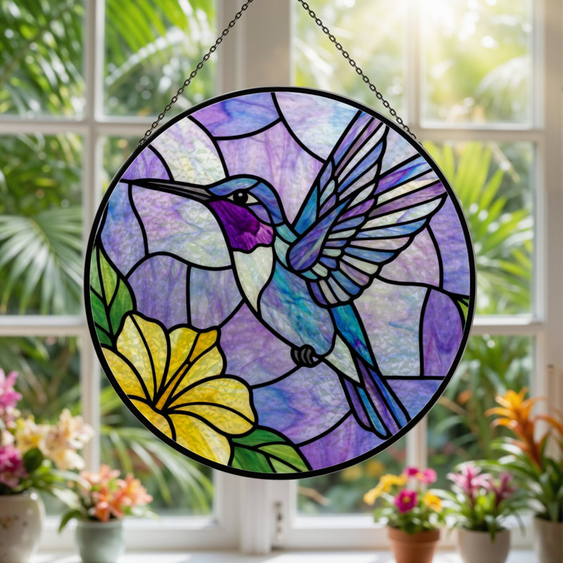 Panneau de vitrail 12 "Hummingbird Flower, H 12 po x l 12 po