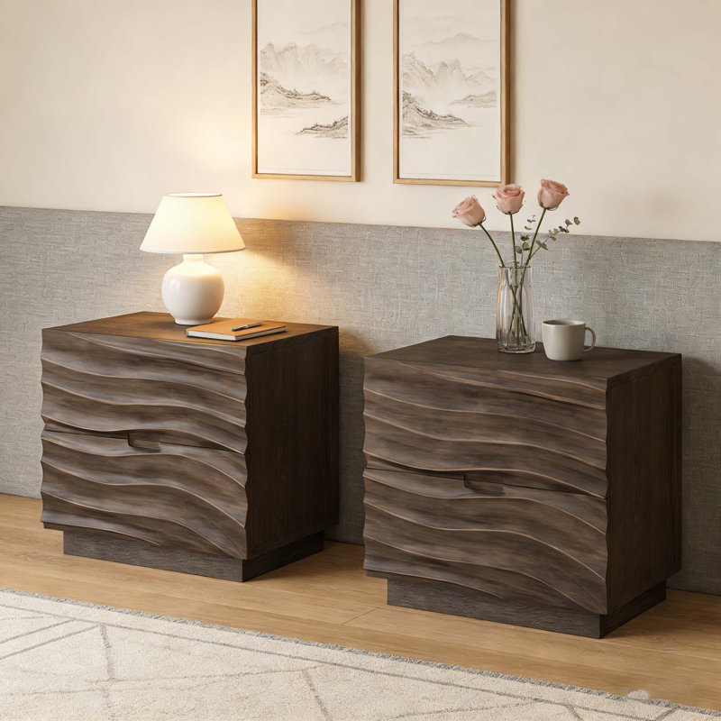 Ensemble de 2 tables de chevet en bois massif, table de chevet avec 2 tiroirs, sans poignées, parfaite pour les chambres à coucher et les salons