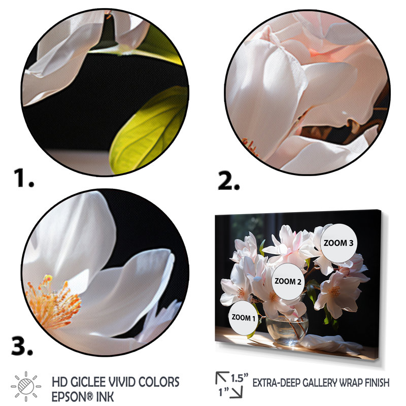 Champ de magnolia blanc et jaune II sur toile, H 24 po x l 32 po x P 1 po, Cadre flottant noir