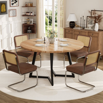 47.24" Round Table Metal Legs Dining Table Set with Linen Dining Chairs
