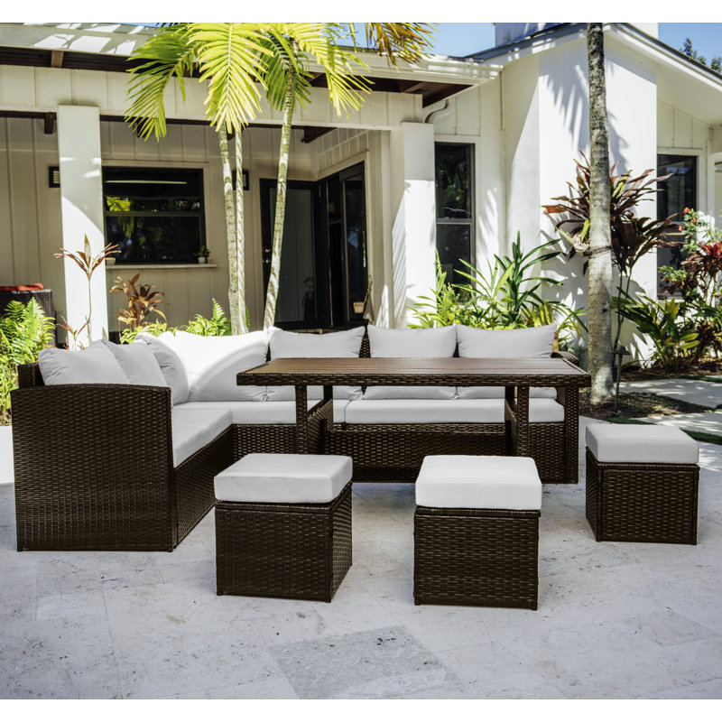 Brown Wicker 7-Piece Outdoor Dining Set with Off-White Cushions