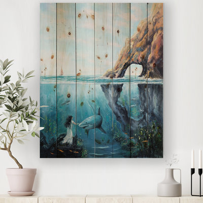Underwater Fairy And Shark Ocean And Mountain World - Print on Natural Wood