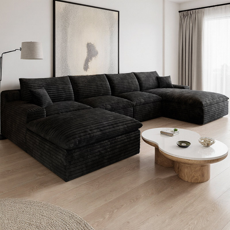 Canapé modulaire en U de 135 po en tissu velours côtelé modulaire avec méridienne et repose-pieds orientés vers la droite, coussins en mousse de plumes double couche, aucun assemblage requis, pour un grand espace de vie