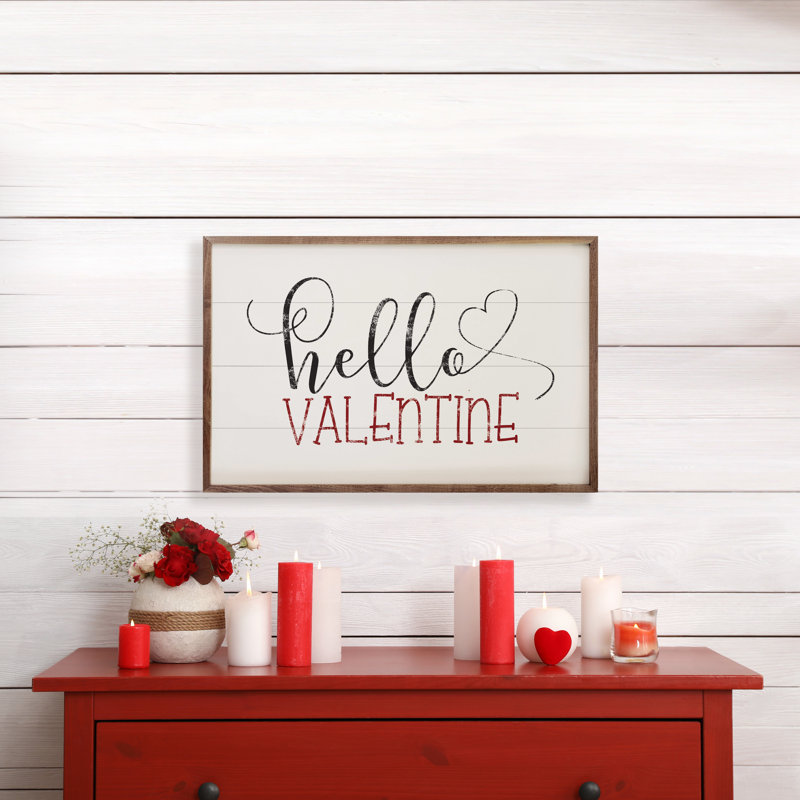 Hello Valentine Heart - mots rouges, L 36 po x H 24 po, Blanc / noir / rouge