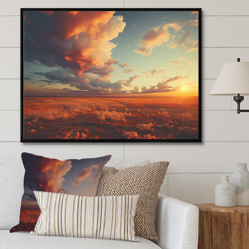 «Sunset Summer Meadows - Prairies», reproduction sur toile, H 16 po x l 32 po x P 1 po, Cadre flottant noir