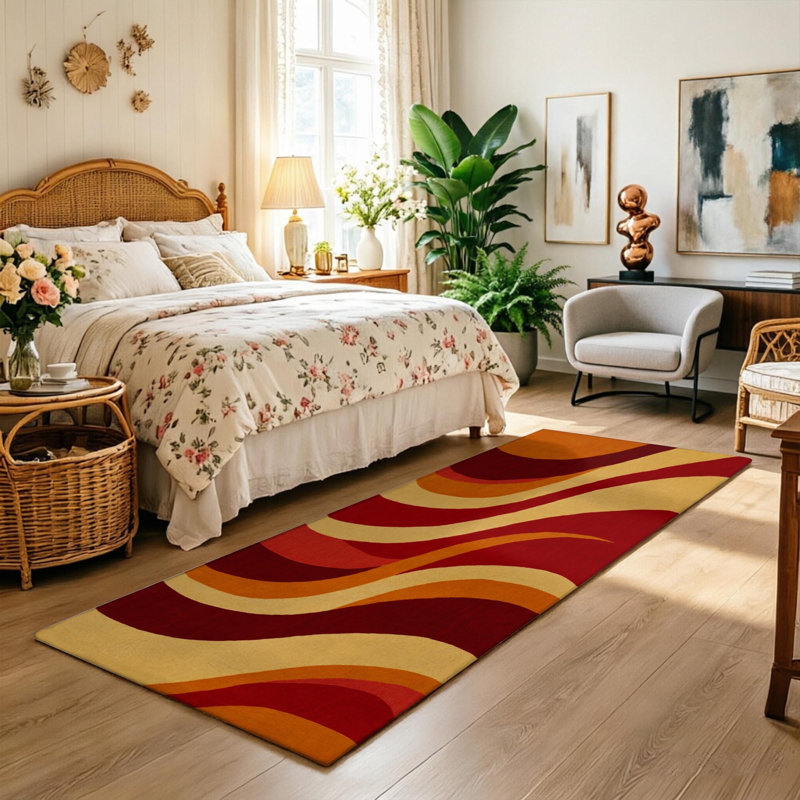 Tapis de couloir de cuisine moderne et abstrait, motif de vagues rétro rouge-orange et jaune, long tapis antidérapant pour la cuisine, le couloir, la salle de lavage et le vestibule