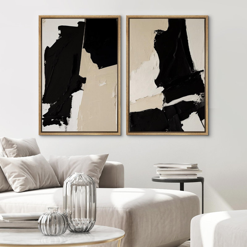 Noir et brun clair, coup de pinceau, collage, style minimaliste Mid-Century, grunge, abstrait géométrique, 2 pièces, Naturel