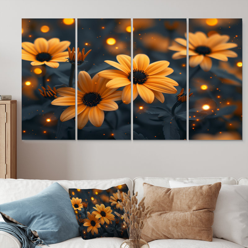 Fleurs jaunes monochromes dans un champ brumeux II - marguerites, ensemble d'art mural, H 28 po x l 48 po