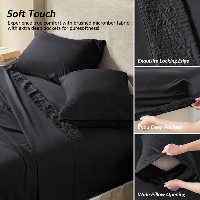 Draps et taies d'oreiller en polyester, Ensemble de draps pour très grand lit avec 2 taie, Noir