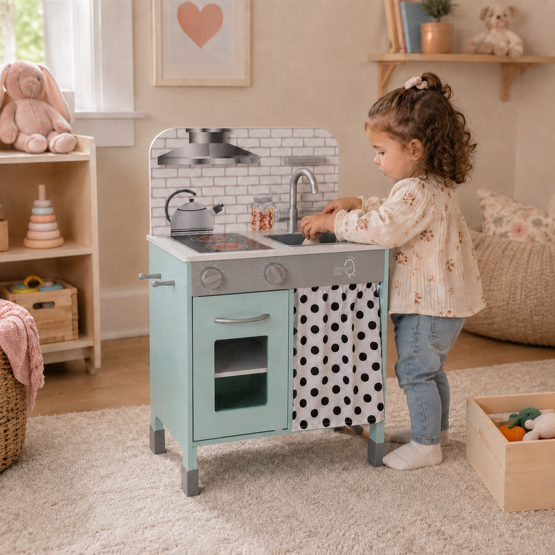 Teamson Kids Adjustable Wooden Play Kitchen with 2 Height Settings, Clicking Knobs, Tap, Cabinet, Shelf, Side Pegs, Little Chef Philly