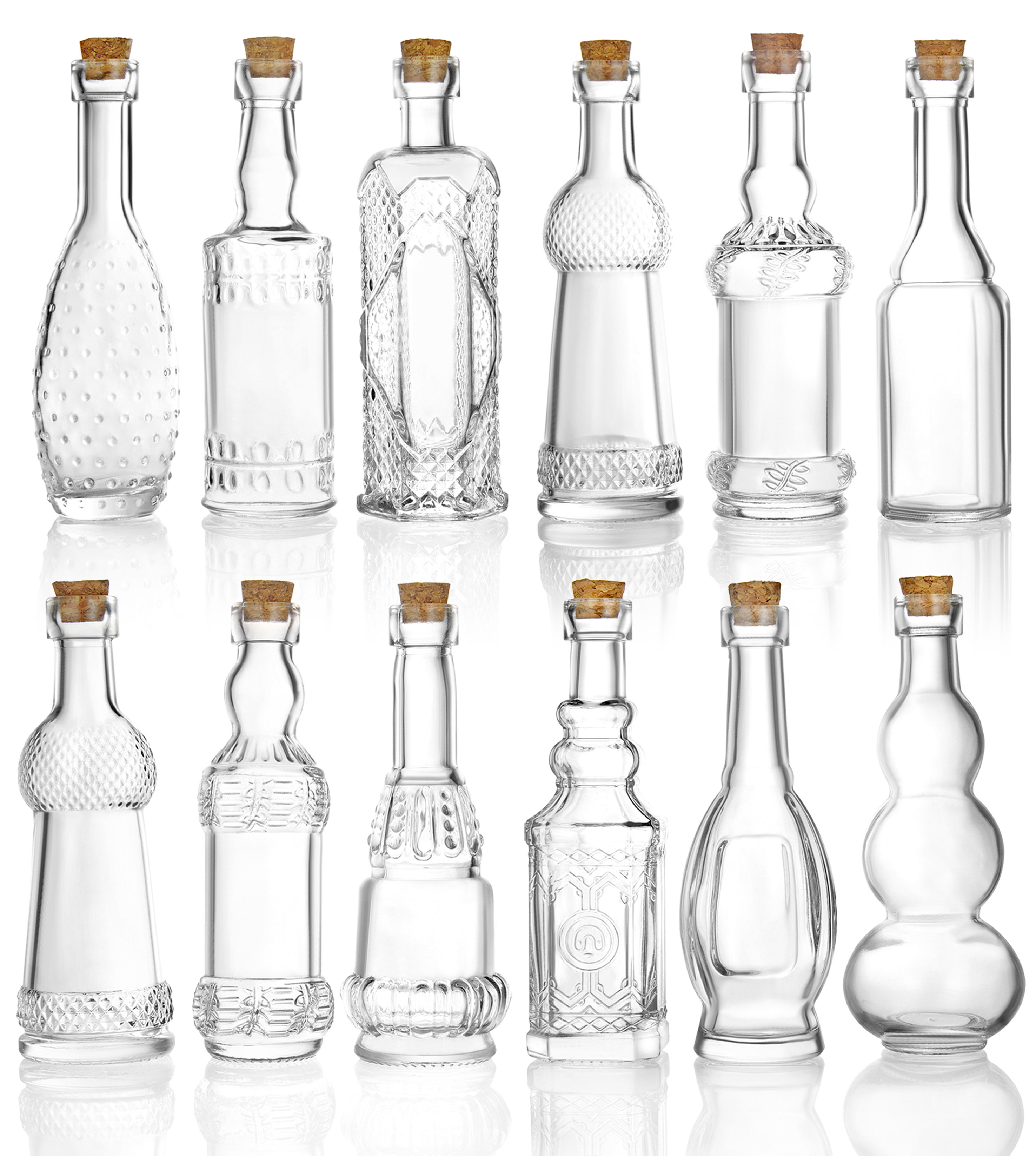 Small Clear Vintage Glass Bottles with Corks, Bud Vases, Decorative,  Potion, Assorted Design Set of 12