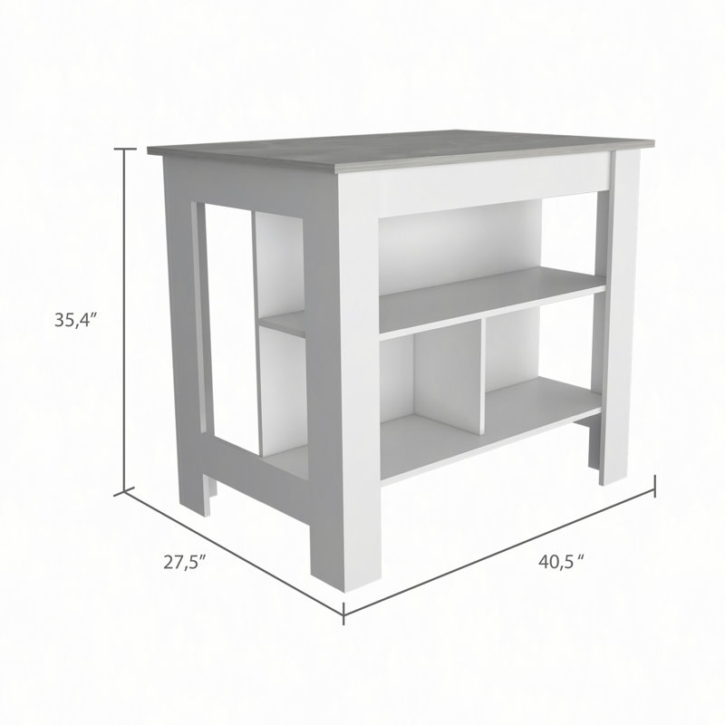 Kitchen Island, Four Legs, Three Shelves, White/Gray