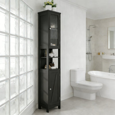 Tall Black Bathroom Storage Cabinet With Light, 5-Tier With 2 Doors, Adjustable Shelves