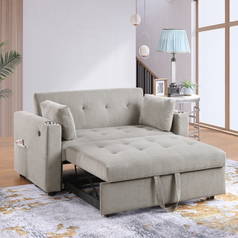 Causeuse-lit convertible 57 po en Corduroy avec porte-gobelets, ports USB, poches pour magazines, coussins, capitonnage, Gris