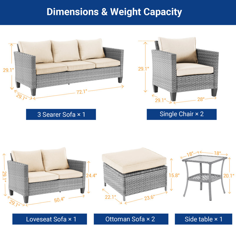 Ensemble de patio 7 pièces en rotin, fauteuil en osier résistant aux intempéries avec coussin amovible et structure robuste